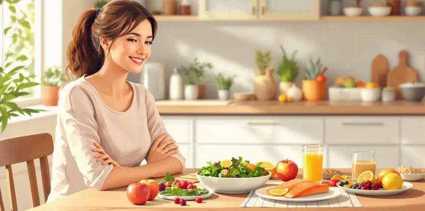 A smiling woman sitting at a table with a variety of healthy foods, including fruits, vegetables, salmon, and juice, in a bright kitchen.