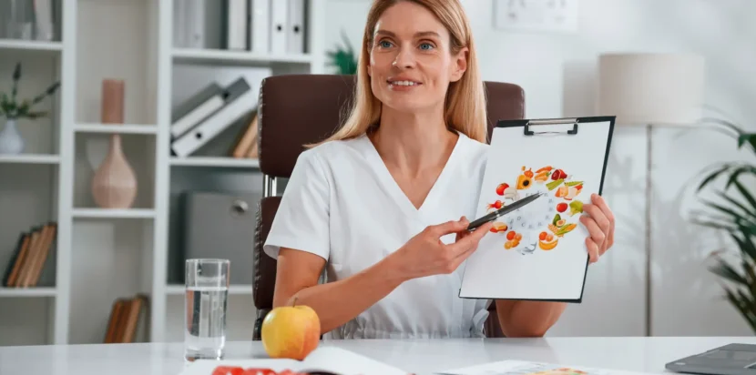 nutritionist explaining a healthy diet plan with a chart featuring fruits and vegetables, sitting in an office environment.